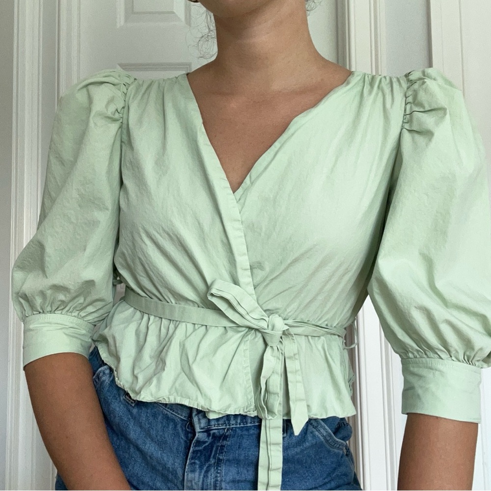 Mint Green Puff Sleeve Wrap Top
